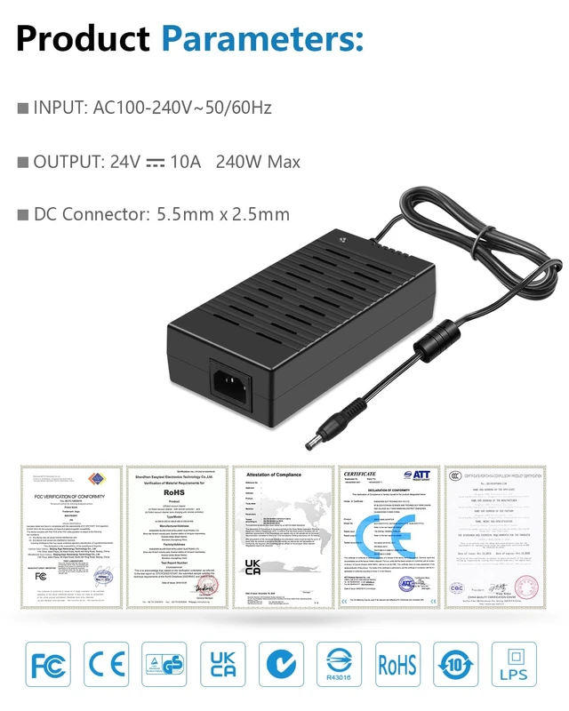 Alt view image 3 of 7 - 24V Power Supply 13.5FT Cord DC 24vdc 10A 5A AC/DC Adapter 100-240V 50/60hz AC to DC Converter,5.5x2.5mm Center Positive for 5050 LED Strip Light 3D Printer LED Driver CCTV LCD Monitor