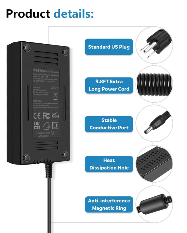 Alt view image 4 of 7 - 24V Power Supply 13.5FT Cord DC 24vdc 10A 5A AC/DC Adapter 100-240V 50/60hz AC to DC Converter,5.5x2.5mm Center Positive for 5050 LED Strip Light 3D Printer LED Driver CCTV LCD Monitor