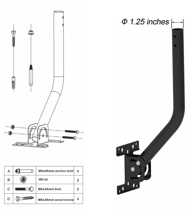 Alt view image 2 of 4 - Antenna Mount J-Pipe 1.25x16.5in for Antenna, Weather Station Heavy-Duty 1.5mm Steel Mast, 2mm Bracket, Reversible 180° Pivot Lock fit Wall/Eave/Roof, Hardware Included, Powder-Coated