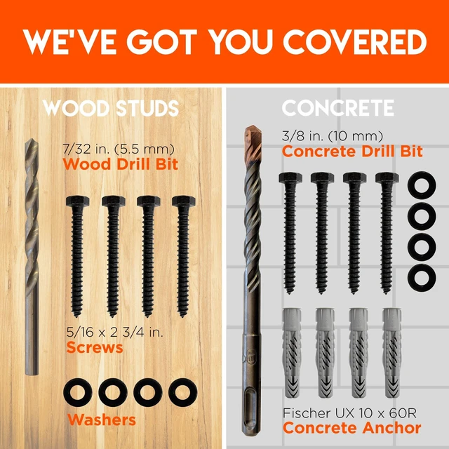 Alt view image 2 of 7 - Lag Bolt Kit for Mounting A TV Into Wood Or Concrete - Includes Heavy Duty Bolts, Fischer Concrete Anchors and 2 Drill Bits