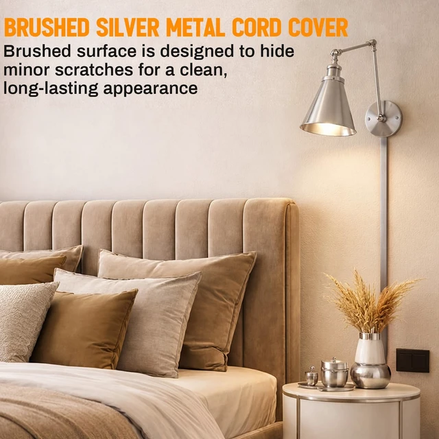 Alt view image 4 of 7 - 2 Pack 30" Long Metal Cord Cover Self-Adhesive Brushed Lamp Cable Raceway Wire Hider for Wall Cable Home Office Kitchen(Grey)