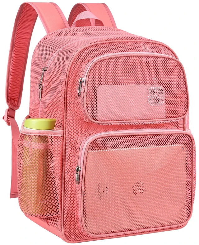 Main image of Mesh Backpack, Heavy Duty Large Capacity Mesh Beach Bag, Pink Padded Strap Breathable Backpack, Dual Front Pockets for Travel, Beach, Hiking, Swimming, Sports, College Rucksack Men Women