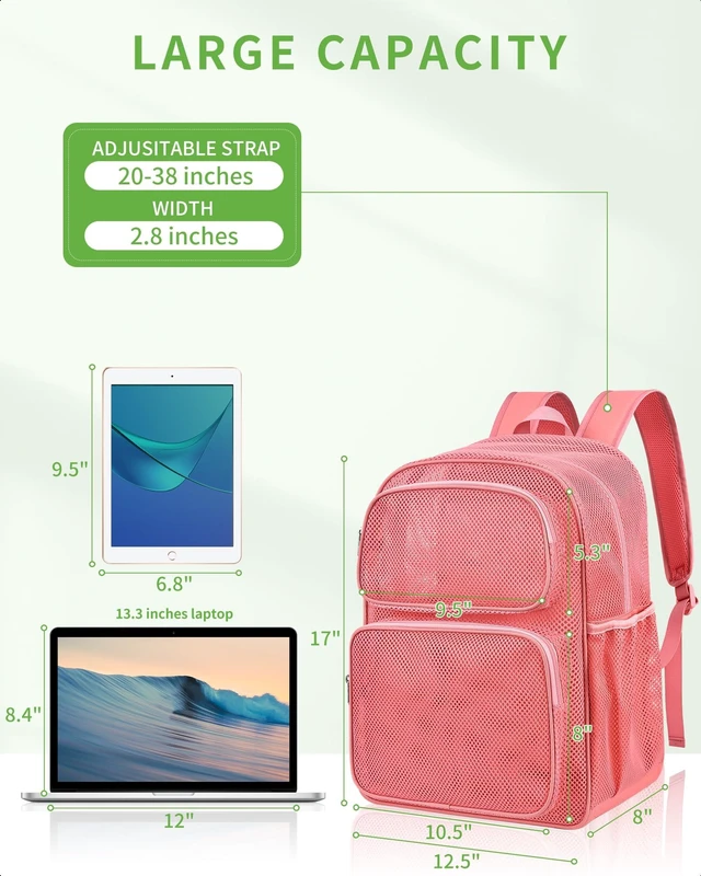 Alt view image 2 of 7 - Mesh Backpack, Heavy Duty Large Capacity Mesh Beach Bag, Pink Padded Strap Breathable Backpack, Dual Front Pockets for Travel, Beach, Hiking, Swimming, Sports, College Rucksack Men Women