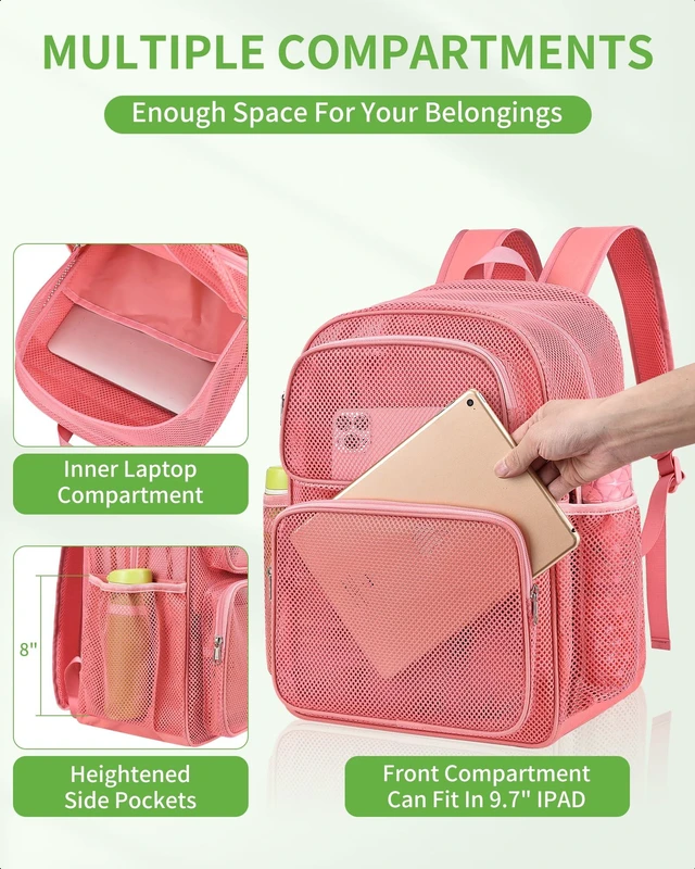 Alt view image 3 of 7 - Mesh Backpack, Heavy Duty Large Capacity Mesh Beach Bag, Pink Padded Strap Breathable Backpack, Dual Front Pockets for Travel, Beach, Hiking, Swimming, Sports, College Rucksack Men Women