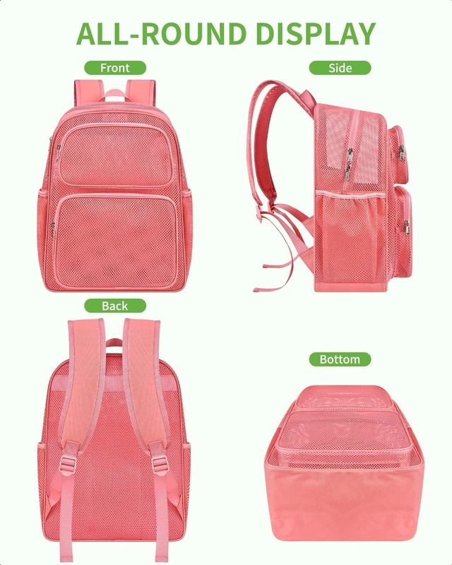 Alt view image 6 of 7 - Mesh Backpack, Heavy Duty Large Capacity Mesh Beach Bag, Pink Padded Strap Breathable Backpack, Dual Front Pockets for Travel, Beach, Hiking, Swimming, Sports, College Rucksack Men Women