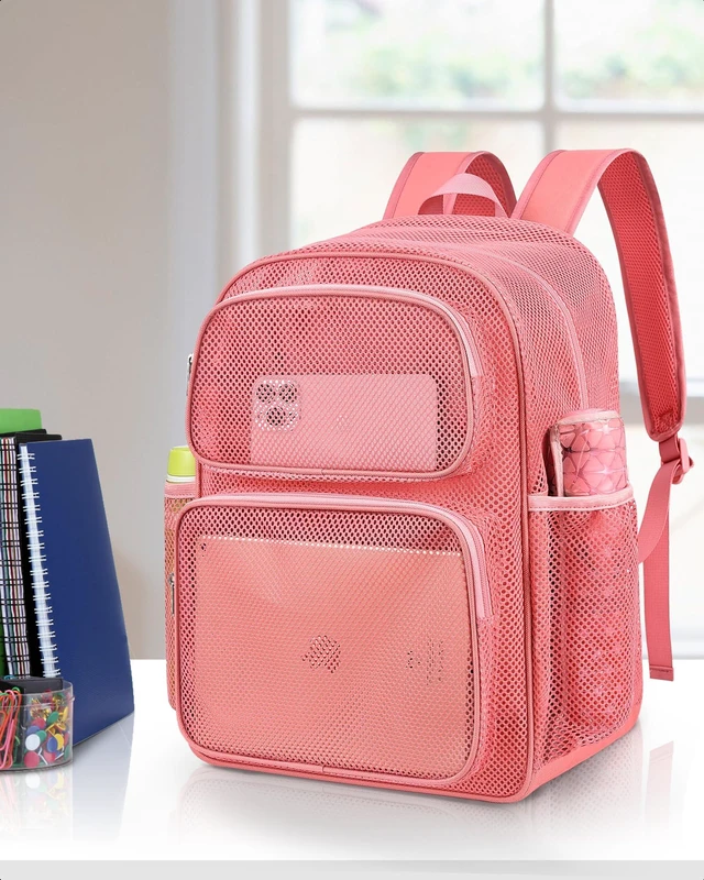 Alt view image 7 of 7 - Mesh Backpack, Heavy Duty Large Capacity Mesh Beach Bag, Pink Padded Strap Breathable Backpack, Dual Front Pockets for Travel, Beach, Hiking, Swimming, Sports, College Rucksack Men Women