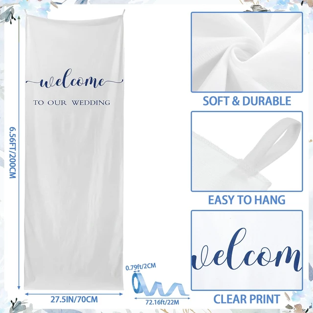 Alt view image 3 of 7 - 27x78" Wedding Banner White, Deep Blue Backdrop Bow Hanging Coquette Party Decor with Satin Bow Ties, Long Fabric Sign for Yard Wall, Reusable Backdrop for Photo Booth, Rustic Props