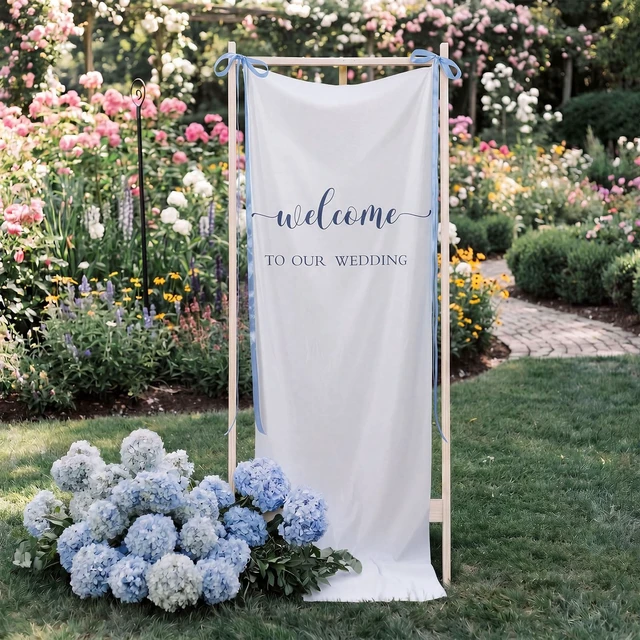Alt view image 5 of 7 - 27x78" Wedding Banner White, Deep Blue Backdrop Bow Hanging Coquette Party Decor with Satin Bow Ties, Long Fabric Sign for Yard Wall, Reusable Backdrop for Photo Booth, Rustic Props