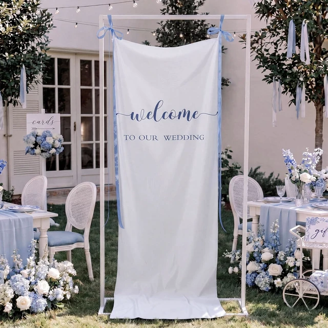 Alt view image 6 of 7 - 27x78" Wedding Banner White, Deep Blue Backdrop Bow Hanging Coquette Party Decor with Satin Bow Ties, Long Fabric Sign for Yard Wall, Reusable Backdrop for Photo Booth, Rustic Props