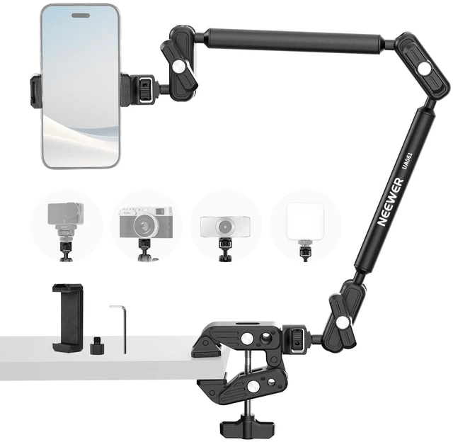Main image of Basics Magic Arm Table Stand, 55 cm Microphone Arm Overhead Mobile Phone Holder Desk with 1/4" 3/8" Threads for ARRI, for DSLR Action Cam Webcam Mic LED Light for Video Reinforcement, UA061
