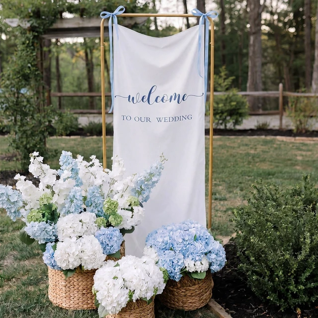 Alt view image 7 of 7 - 27x78" Wedding Banner White, Deep Blue Backdrop Bow Hanging Coquette Party Decor with Satin Bow Ties, Long Fabric Sign for Yard Wall, Reusable Backdrop for Photo Booth, Rustic Props