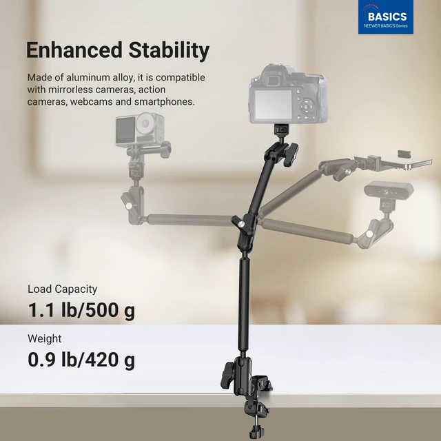 Alt view image 2 of 7 - Basics Magic Arm Table Stand, 55 cm Microphone Arm Overhead Mobile Phone Holder Desk with 1/4" 3/8" Threads for ARRI, for DSLR Action Cam Webcam Mic LED Light for Video Reinforcement, UA061