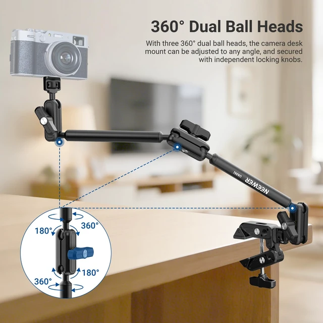 Alt view image 3 of 7 - Basics Magic Arm Table Stand, 55 cm Microphone Arm Overhead Mobile Phone Holder Desk with 1/4" 3/8" Threads for ARRI, for DSLR Action Cam Webcam Mic LED Light for Video Reinforcement, UA061