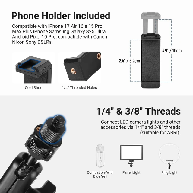 Alt view image 7 of 7 - Basics Magic Arm Table Stand, 55 cm Microphone Arm Overhead Mobile Phone Holder Desk with 1/4" 3/8" Threads for ARRI, for DSLR Action Cam Webcam Mic LED Light for Video Reinforcement, UA061