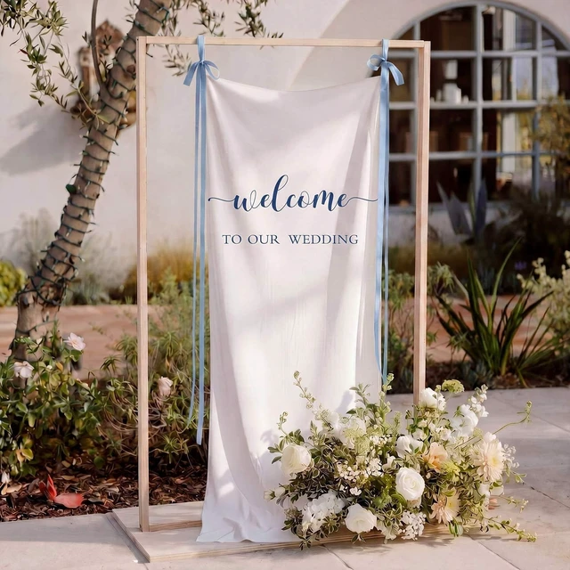 Alt view image 2 of 7 - 27x78" Wedding Banner White, Deep Blue Backdrop Bow Hanging Coquette Party Decor with Satin Bow Ties, Long Fabric Sign for Yard Wall, Reusable Backdrop for Photo Booth, Rustic Props