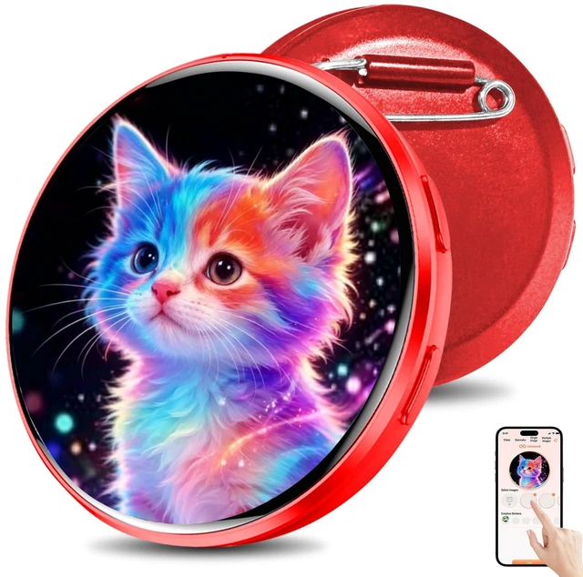 Main image of HD Touchscreen Digital Badge Pin with Sound, Type-C Fast Charge Red Customizable Anime Style Wearable, Smart Button for Cosplay, Parties,Fan Events and Fandoms