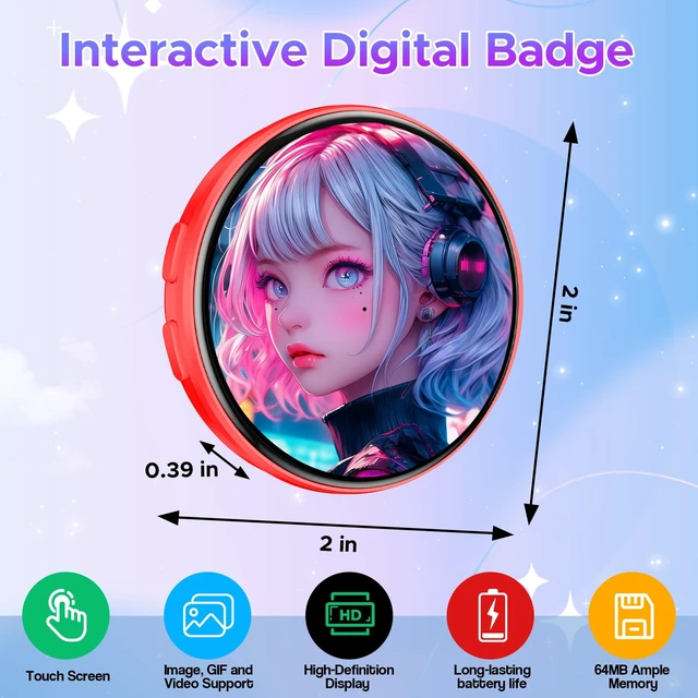 Alt view image 2 of 6 - HD Touchscreen Digital Badge Pin with Sound, Type-C Fast Charge Red Customizable Anime Style Wearable, Smart Button for Cosplay, Parties,Fan Events and Fandoms