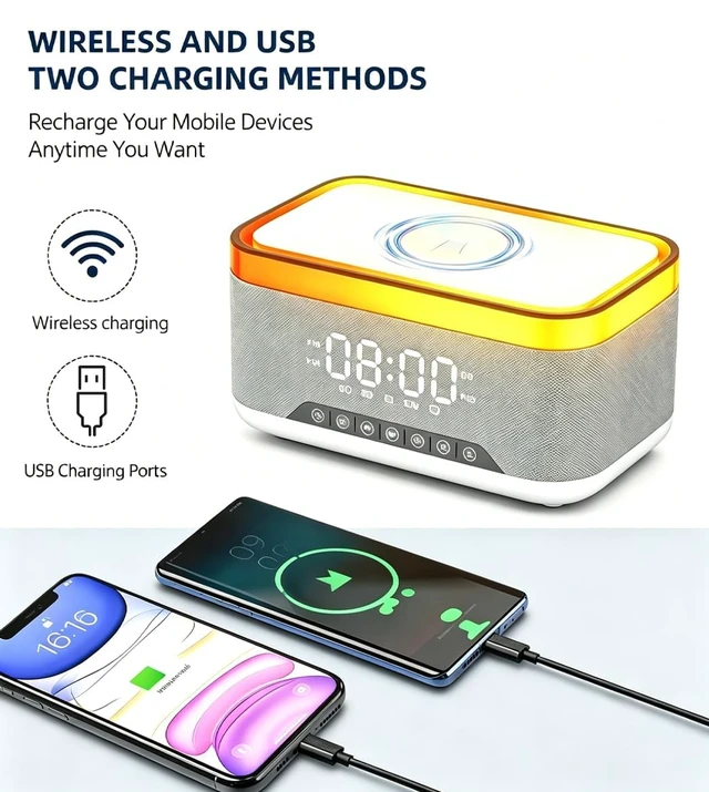 Alt view image 2 of 7 - Bluetooth Speaker with Wireless Charging, Alarm Clock Radio for Bedrooms 6 in 1 Dimmable Digital Clock with FM Radio White Noise Charging Station RGB LED Night Light for Living Room Office