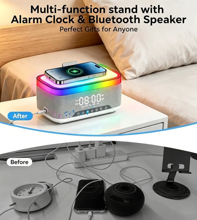 Alt view image 4 of 7 - Bluetooth Speaker with Wireless Charging, Alarm Clock Radio for Bedrooms 6 in 1 Dimmable Digital Clock with FM Radio White Noise Charging Station RGB LED Night Light for Living Room Office