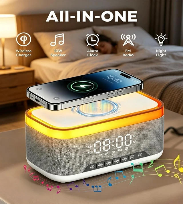 Alt view image 5 of 7 - Bluetooth Speaker with Wireless Charging, Alarm Clock Radio for Bedrooms 6 in 1 Dimmable Digital Clock with FM Radio White Noise Charging Station RGB LED Night Light for Living Room Office