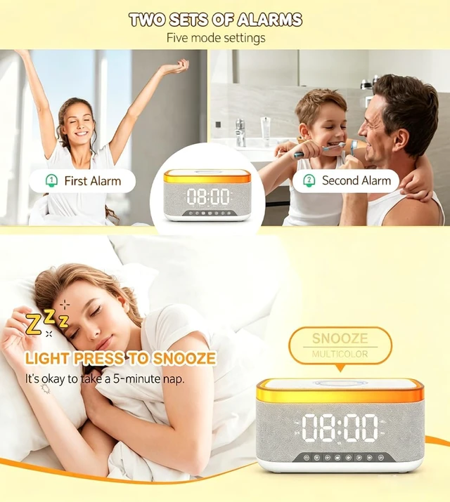 Alt view image 3 of 7 - Bluetooth Speaker with Wireless Charging, Alarm Clock Radio for Bedrooms 6 in 1 Dimmable Digital Clock with FM Radio White Noise Charging Station RGB LED Night Light for Living Room Office