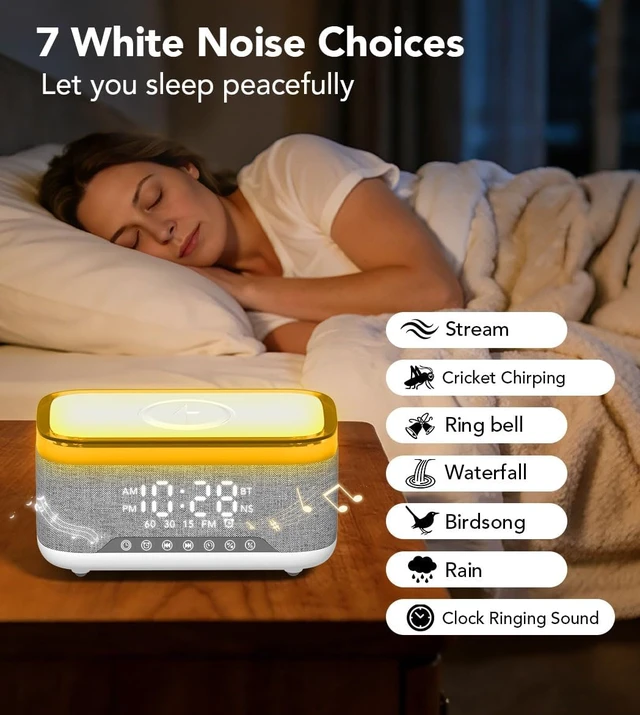 Alt view image 6 of 7 - Bluetooth Speaker with Wireless Charging, Alarm Clock Radio for Bedrooms 6 in 1 Dimmable Digital Clock with FM Radio White Noise Charging Station RGB LED Night Light for Living Room Office
