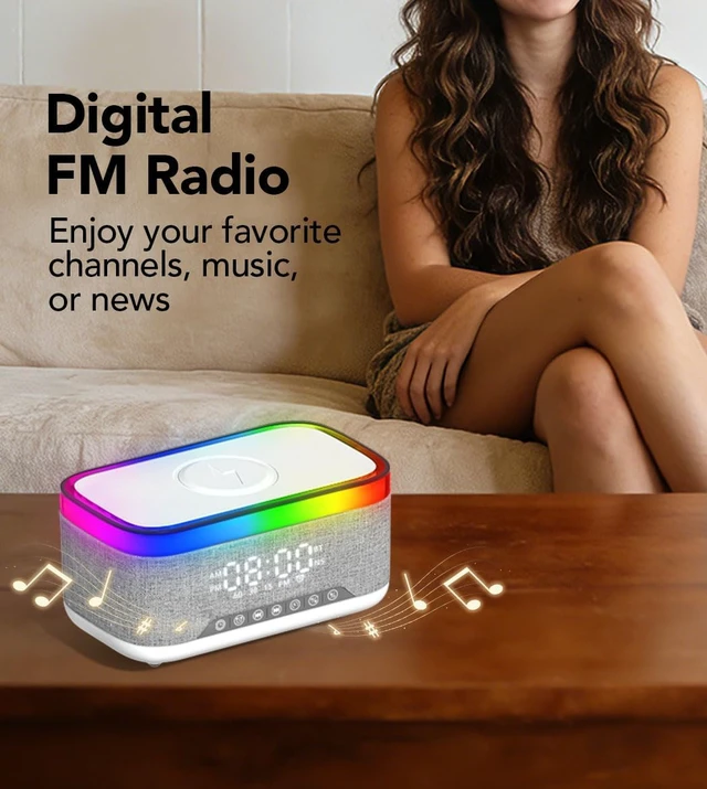 Alt view image 7 of 7 - Bluetooth Speaker with Wireless Charging, Alarm Clock Radio for Bedrooms 6 in 1 Dimmable Digital Clock with FM Radio White Noise Charging Station RGB LED Night Light for Living Room Office