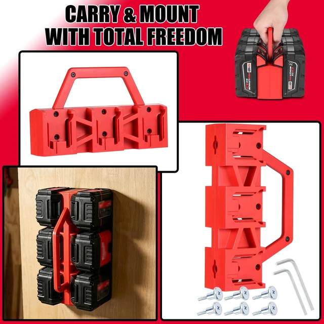 Alt view image 2 of 7 - 2-IN-1 Battery Holder & Wall Mount Organizer for Mil.Waukee M18 Batteries 6-Slot Portable Mil.Waukee Battery Caddy Storage Case with Handle, Heavy Duty for Jobsite, Garage, Workshop, Van, Truck