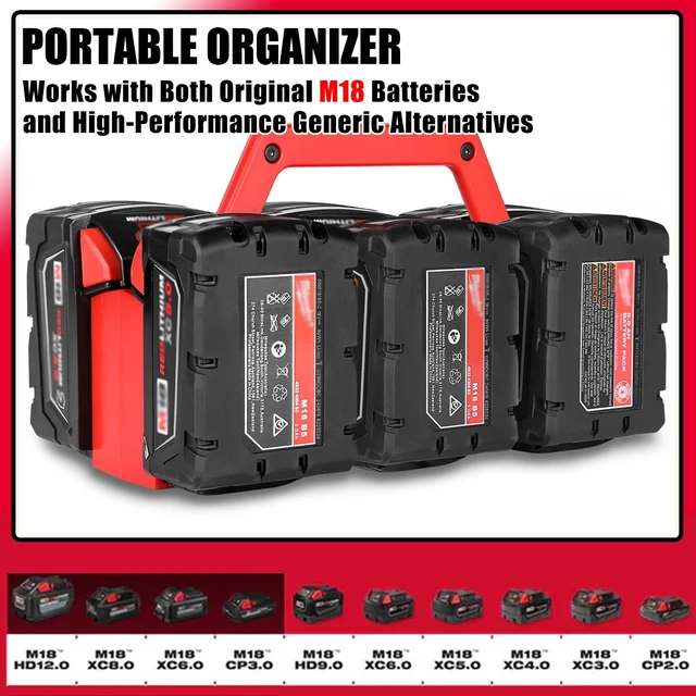 Alt view image 3 of 7 - 2-IN-1 Battery Holder & Wall Mount Organizer for Mil.Waukee M18 Batteries 6-Slot Portable Mil.Waukee Battery Caddy Storage Case with Handle, Heavy Duty for Jobsite, Garage, Workshop, Van, Truck