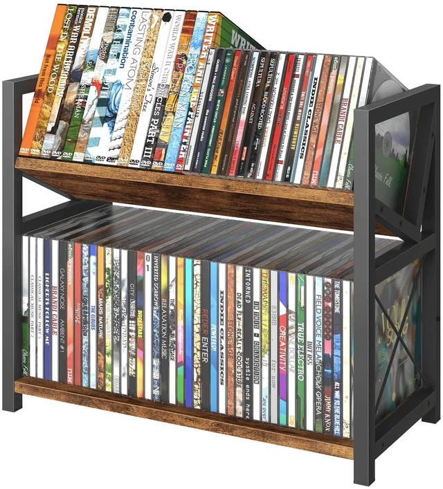 Main image of 2-Tier CD Holder, Wooden DVD Storage Rack, Desk CD Display Shelf Holds Up to Standard CDs 80 Cases or DVDs 56 cases, Retro Tilting DVD Organizer Tower for Music Enthusiasts, Rustic Brown