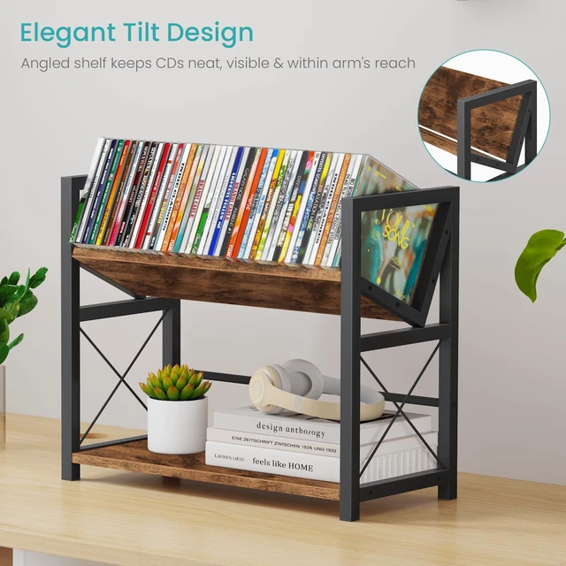 Alt view image 2 of 7 - 2-Tier CD Holder, Wooden DVD Storage Rack, Desk CD Display Shelf Holds Up to Standard CDs 80 Cases or DVDs 56 cases, Retro Tilting DVD Organizer Tower for Music Enthusiasts, Rustic Brown