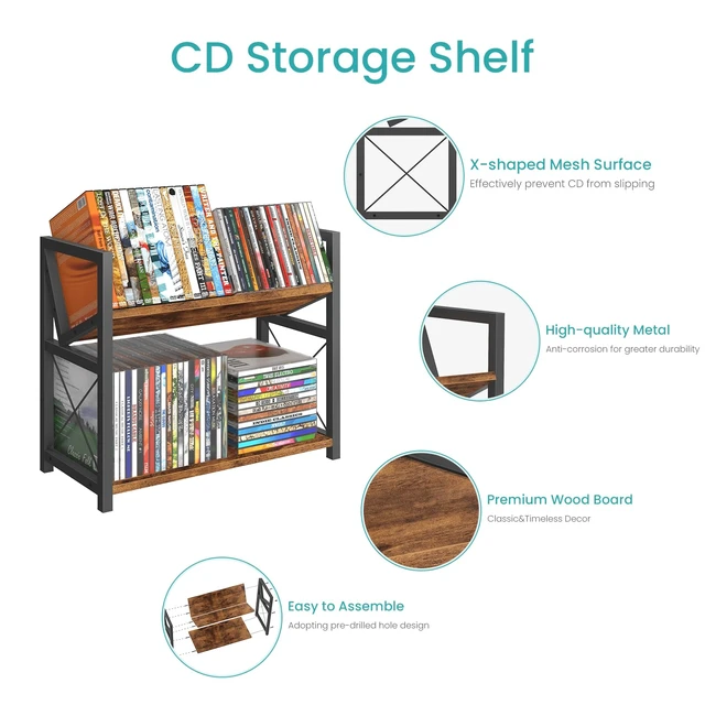 Alt view image 4 of 7 - 2-Tier CD Holder, Wooden DVD Storage Rack, Desk CD Display Shelf Holds Up to Standard CDs 80 Cases or DVDs 56 cases, Retro Tilting DVD Organizer Tower for Music Enthusiasts, Rustic Brown