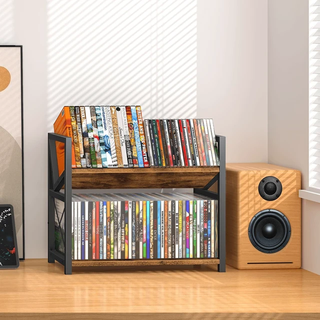 Alt view image 7 of 7 - 2-Tier CD Holder, Wooden DVD Storage Rack, Desk CD Display Shelf Holds Up to Standard CDs 80 Cases or DVDs 56 cases, Retro Tilting DVD Organizer Tower for Music Enthusiasts, Rustic Brown
