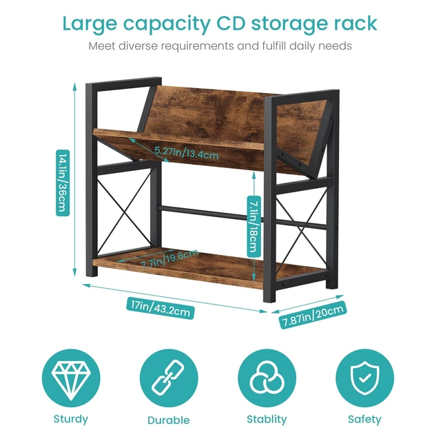 Alt view image 6 of 7 - 2-Tier CD Holder, Wooden DVD Storage Rack, Desk CD Display Shelf Holds Up to Standard CDs 80 Cases or DVDs 56 cases, Retro Tilting DVD Organizer Tower for Music Enthusiasts, Rustic Brown