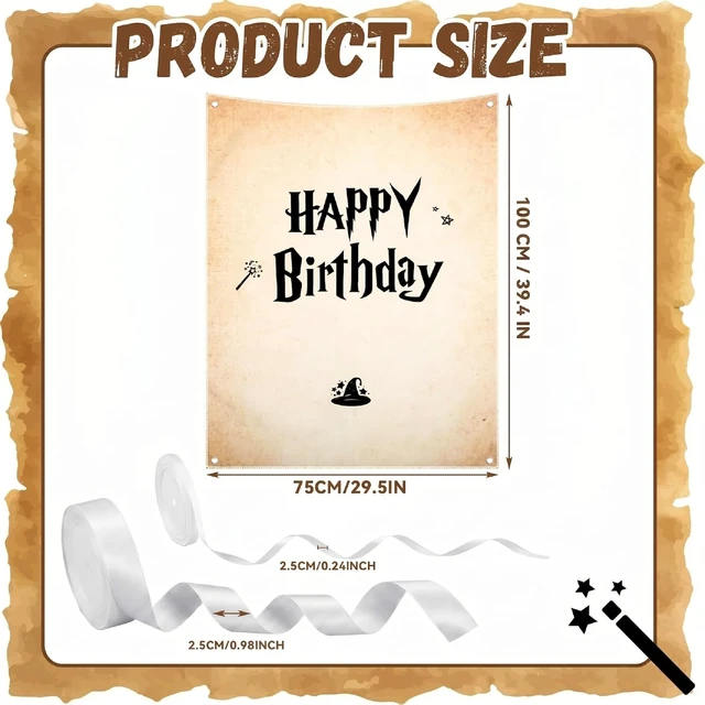 Alt view image 3 of 6 - 29 x 39 Inch Magic Wizard Happy Birthday Banner Vintage Burlap Birthday Backdrop Party Decorations, Rustic Boho Photo Props Sign for Halloween Wizard Magical Party Supplies