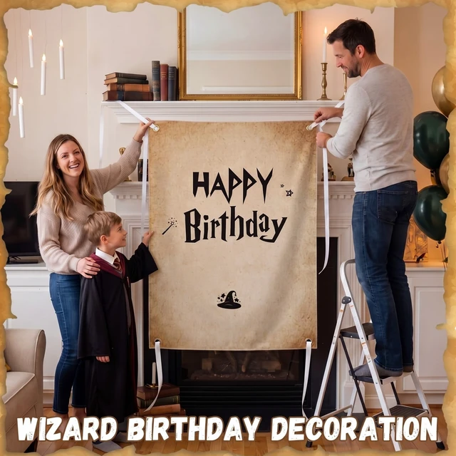 Alt view image 2 of 6 - 29 x 39 Inch Magic Wizard Happy Birthday Banner Vintage Burlap Birthday Backdrop Party Decorations, Rustic Boho Photo Props Sign for Halloween Wizard Magical Party Supplies