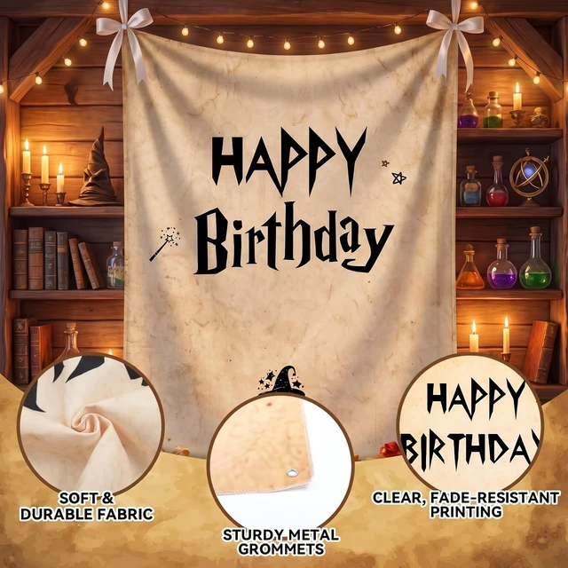 Alt view image 4 of 6 - 29 x 39 Inch Magic Wizard Happy Birthday Banner Vintage Burlap Birthday Backdrop Party Decorations, Rustic Boho Photo Props Sign for Halloween Wizard Magical Party Supplies
