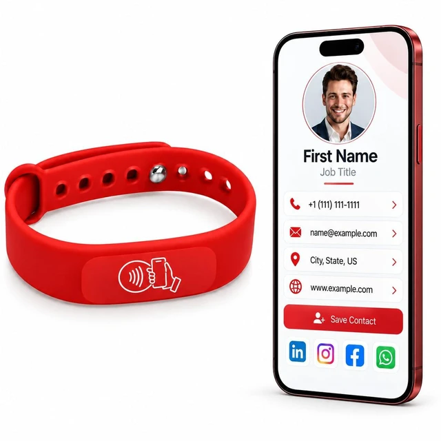 Main image of NFC Smart Business Card Wristband, Adjustable (Red) QR Code, Waterproof Silicone, Tap to Share Contact Info, Works with iPhone and Android