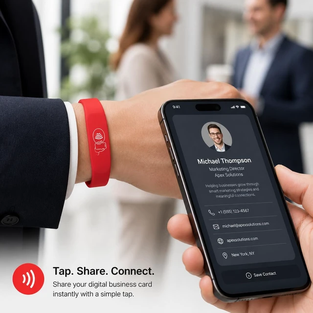 Alt view image 4 of 7 - NFC Smart Business Card Wristband, Adjustable (Red) QR Code, Waterproof Silicone, Tap to Share Contact Info, Works with iPhone and Android