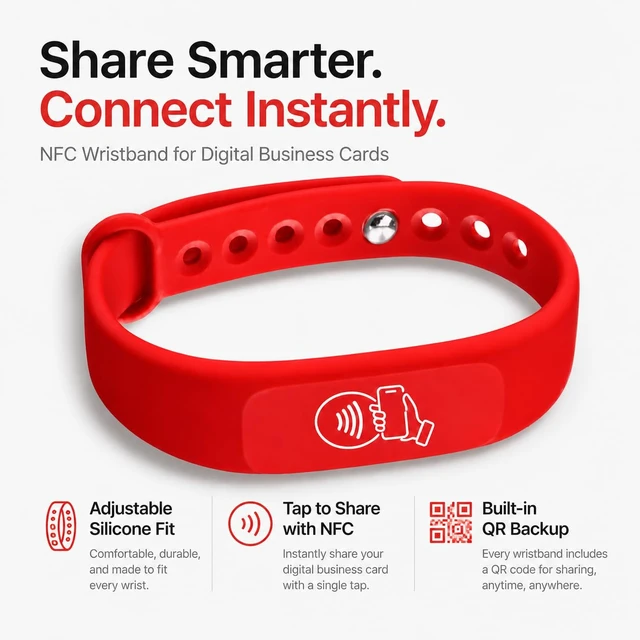 Alt view image 3 of 7 - NFC Smart Business Card Wristband, Adjustable (Red) QR Code, Waterproof Silicone, Tap to Share Contact Info, Works with iPhone and Android