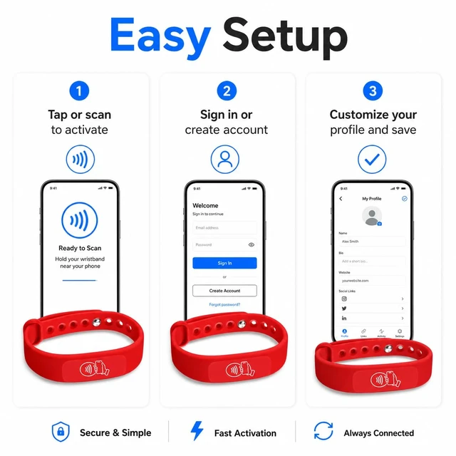 Alt view image 5 of 7 - NFC Smart Business Card Wristband, Adjustable (Red) QR Code, Waterproof Silicone, Tap to Share Contact Info, Works with iPhone and Android