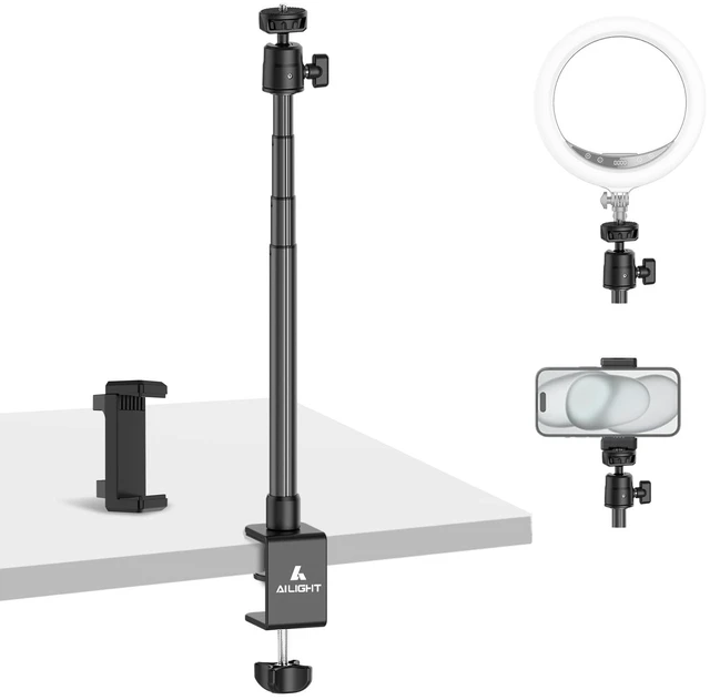 Main image of Desk Mount for Live Streaming, Instant Height Adjustable C-Clamp Stand with Ball Head & Phone Holder, 1/4" Screw for Camera/Smartphone/Webcam, Tool-Free Telescopic for Vlogging & Recording