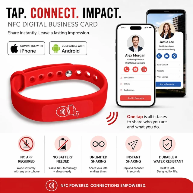 Alt view image 6 of 7 - NFC Smart Business Card Wristband, Adjustable (Red) QR Code, Waterproof Silicone, Tap to Share Contact Info, Works with iPhone and Android