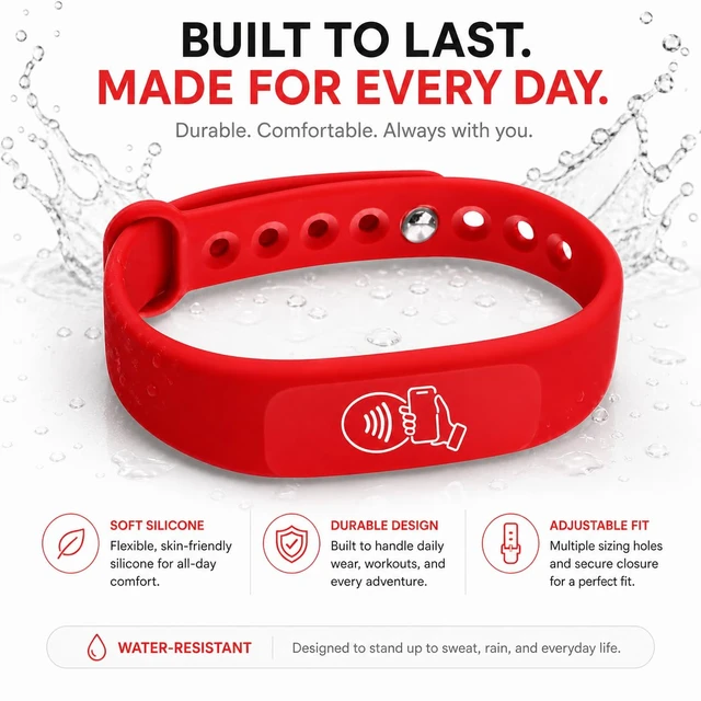 Alt view image 7 of 7 - NFC Smart Business Card Wristband, Adjustable (Red) QR Code, Waterproof Silicone, Tap to Share Contact Info, Works with iPhone and Android