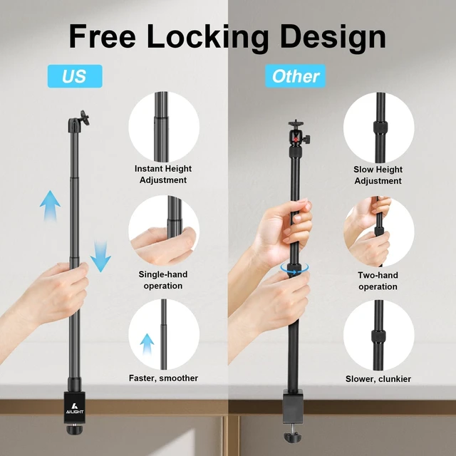 Alt view image 3 of 7 - Desk Mount for Live Streaming, Instant Height Adjustable C-Clamp Stand with Ball Head & Phone Holder, 1/4" Screw for Camera/Smartphone/Webcam, Tool-Free Telescopic for Vlogging & Recording