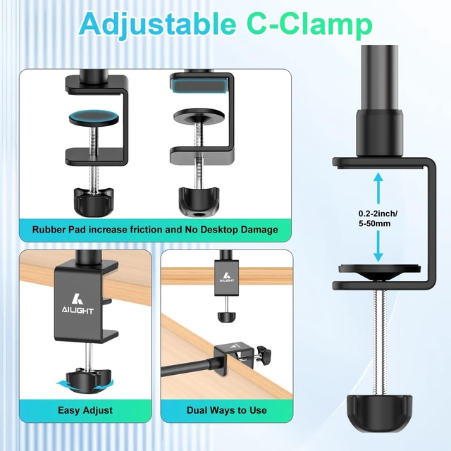 Alt view image 6 of 7 - Desk Mount for Live Streaming, Instant Height Adjustable C-Clamp Stand with Ball Head & Phone Holder, 1/4" Screw for Camera/Smartphone/Webcam, Tool-Free Telescopic for Vlogging & Recording