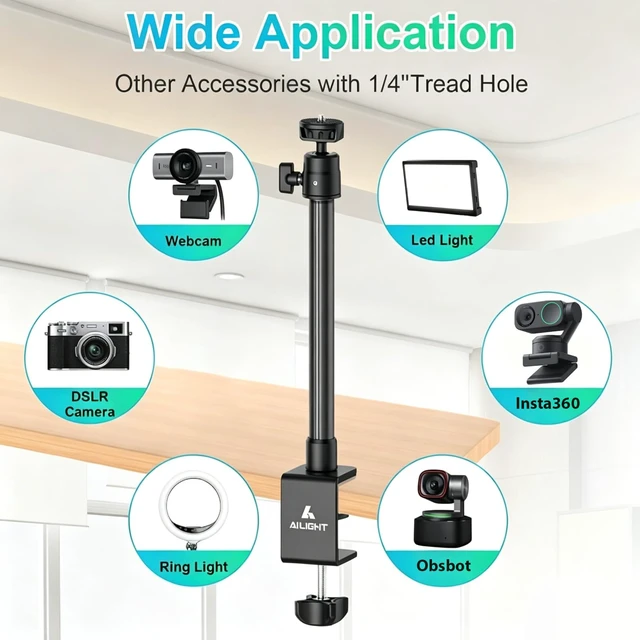 Alt view image 7 of 7 - Desk Mount for Live Streaming, Instant Height Adjustable C-Clamp Stand with Ball Head & Phone Holder, 1/4" Screw for Camera/Smartphone/Webcam, Tool-Free Telescopic for Vlogging & Recording