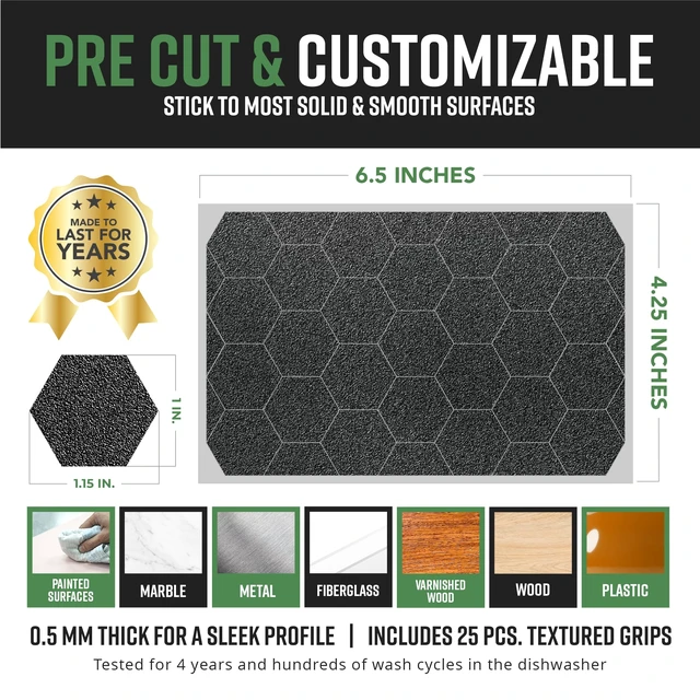 Alt view image 5 of 7 - Black Rubber Grip Tape - 25 Precut 1" Hex Griptape Stickers (Pack of 1), Non-Slip Adhesive for Cell Phones, Controllers, Guns, and Mouse Grip Tape, Rubberized Durable Texture, Made in USA