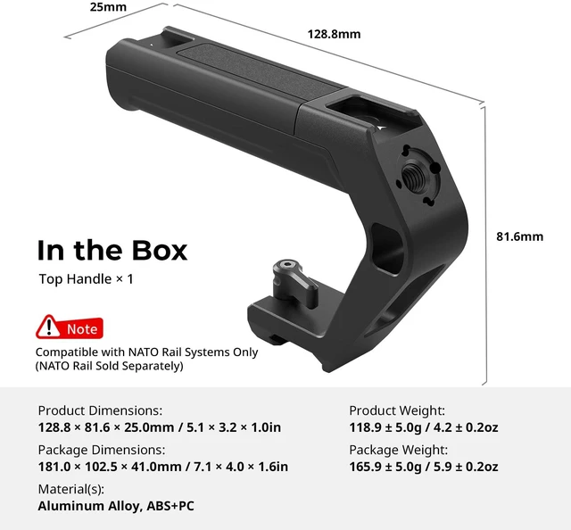 Alt view image 7 of 7 - Lightweight NATO Clamp Top Handle for Camera Cage Tiny Camera Top Grip Only 119g, Handgrip with Locating Hole for ARRI and Two Cold Shoe Mounts- 5977