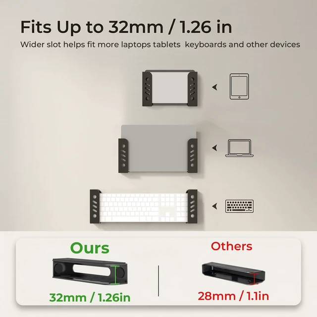 Alt view image 2 of 7 - Metal Wall and Under Desk Laptop Mount with Screws Universal Wall Mount Bracket for Laptop/Tablet/Keyboard/Surface/Switch and More 32mm/1.26 Thick Adjustable Laptop Holder with Anti-Scratch Pads